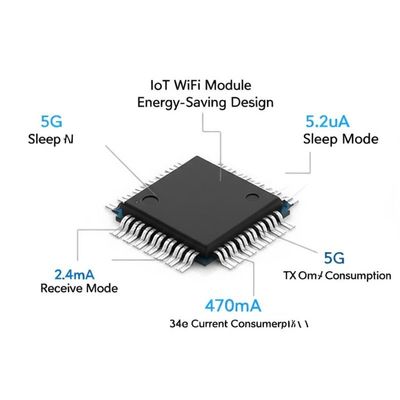 IoT WiFi Module تصميم توفير الطاقة 5G 5.2uA وضع النوم 2.4G 77mA وضع الاستقبال 5G 470mA TX الاستهلاك الحالي